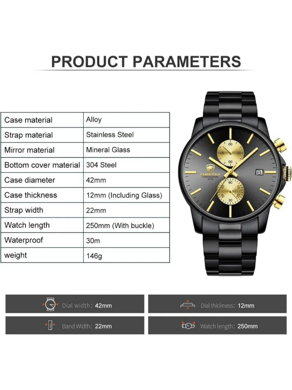 Men's Black And Gold Face Stainless Steel Waterproof Chronograph Quartz Watch